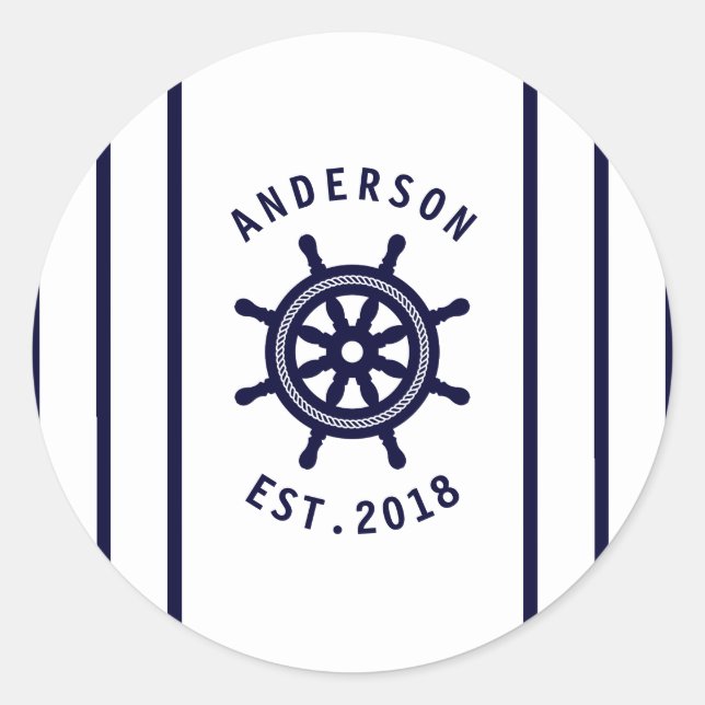 Nautical Wheel And Navy Blue Striped Maritime Classic Round Sticker (Front)