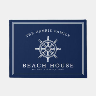 Nautical Wheel Beach House Welcome Navy and White Doormat
