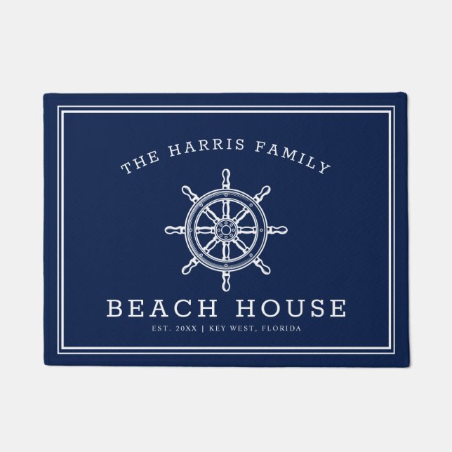 Nautical Wheel Beach House Welcome Navy and White Doormat (Front)