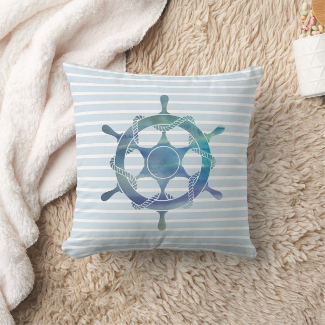 Nautical Wheel Ocean Blue Stripe Ship Cushion (Blanket)