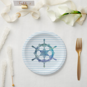 Nautical Wheel Ocean Blue Stripe Ship Paper Plate