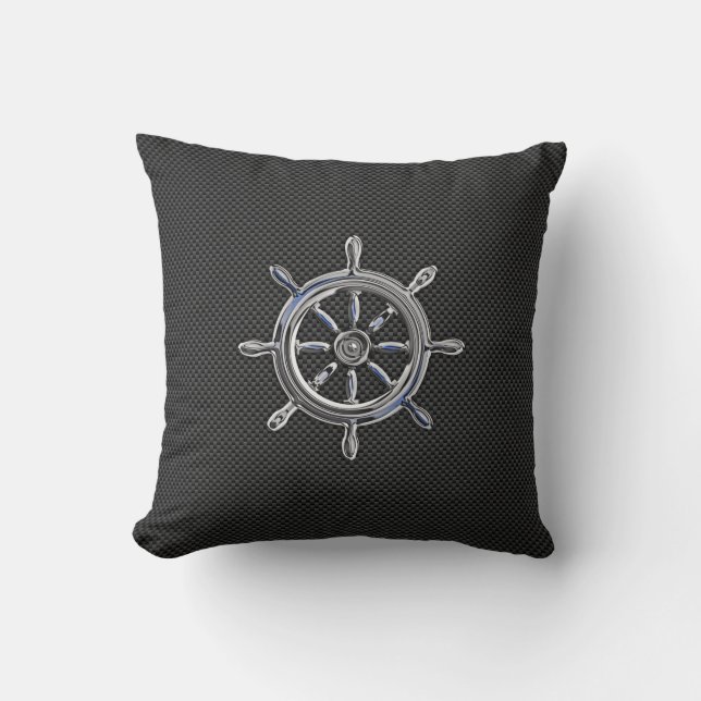 Nautical Wheel on Carbon Fibre Decor Cushion (Front)