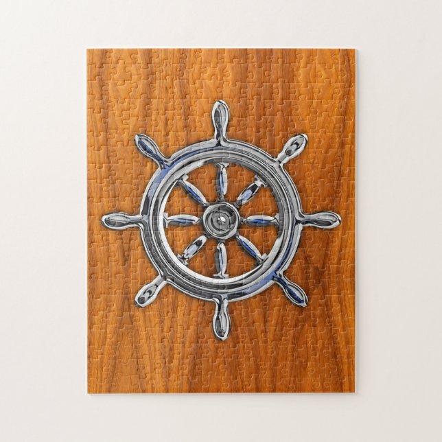 Nautical Wheel on Teak Veneer Jigsaw Puzzle (Vertical)