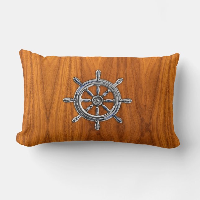 Nautical Wheel on Teak Veneer Lumbar Cushion (Front)