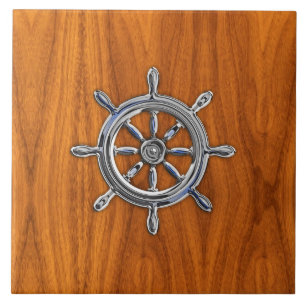 Nautical Wheel on Teak Veneer Tile