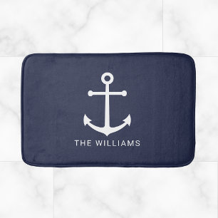 Nautical White Anchor and Custom Name on Navy Blue Bath Mat