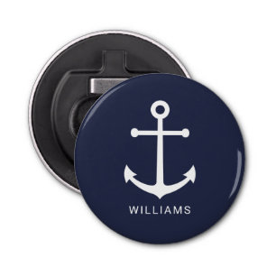 Nautical White Anchor and Custom Name on Navy Blue Bottle Opener
