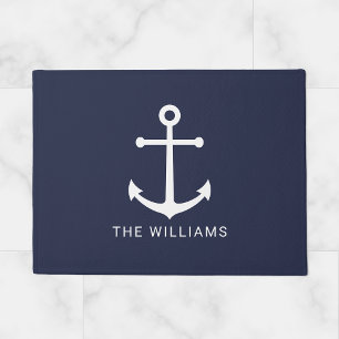 Nautical White Anchor and Custom Name on Navy Blue Doormat