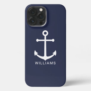 Nautical White Anchor and Custom Name on Navy Blue iPhone 13 Pro Max Case