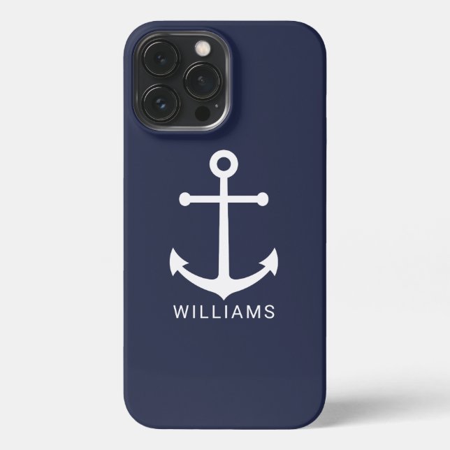 Nautical White Anchor and Custom Name on Navy Blue iPhone Case (Back)