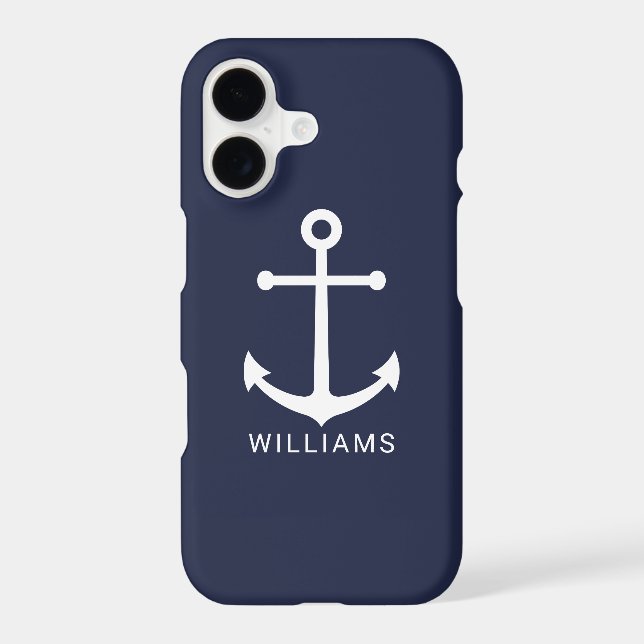 Nautical White Anchor and Custom Name on Navy Blue iPhone Case (Back)