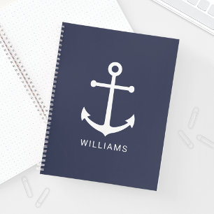 Nautical White Anchor and Custom Name on Navy Blue Notebook