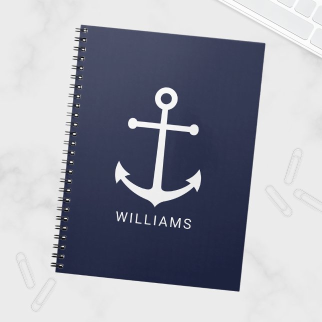 Nautical White Anchor and Custom Name on Navy Blue Notebook (Creator Uploaded)