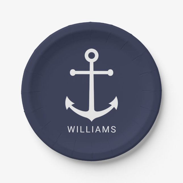 Nautical White Anchor and Custom Name on Navy Blue Paper Plate (Front)