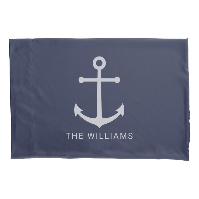 Nautical White Anchor and Custom Name on Navy Blue Pillowcase (Front)