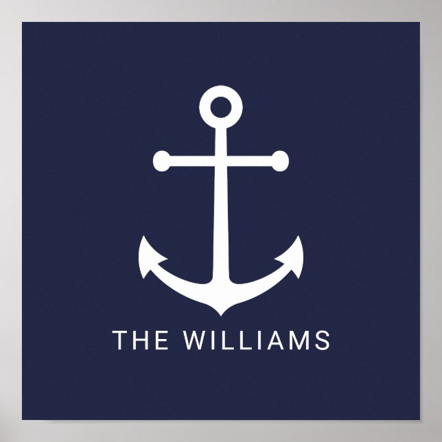 Nautical White Anchor and Custom Name on Navy Blue Poster (Front)