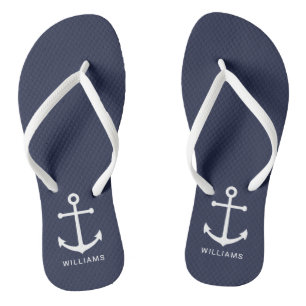 Nautical White Anchor and Custom Name on Navy Blue Thongs