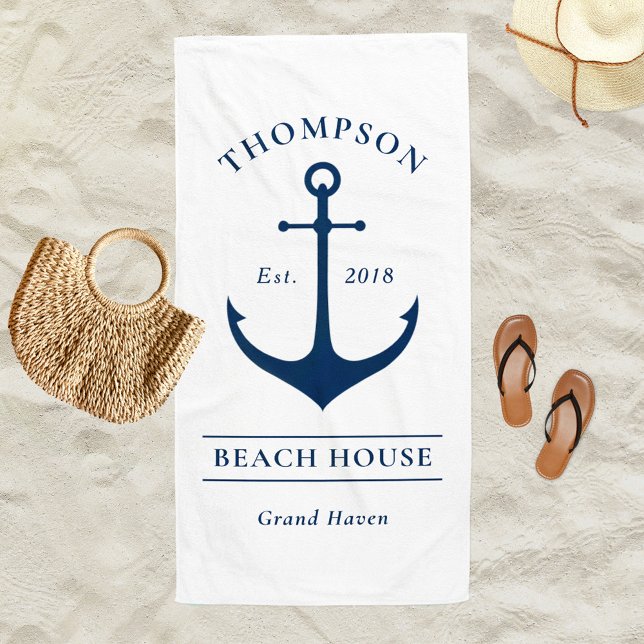 Nautical White Anchor Beach House Monogram Towel (Creator Uploaded)