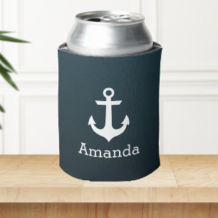 Nautical White Anchor Blue Ombre Personalised Name Can Cooler