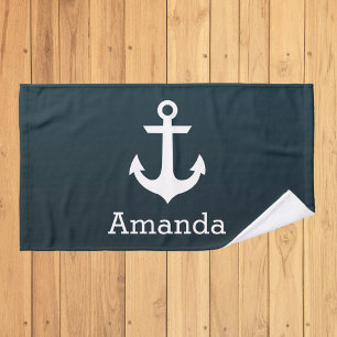 Nautical White Anchor Blue Ombre Personalised Name Hand Towel
