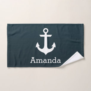 Nautical White Anchor Blue Ombre Personalised Name Hand Towel