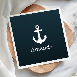 Nautical White Anchor Blue Ombre Personalised Name Napkin
