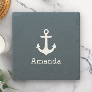 Nautical White Anchor Blue Ombre Personalised Name Stone Coaster