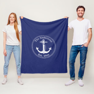 Nautical White Anchor Family Name Fleece Blanket