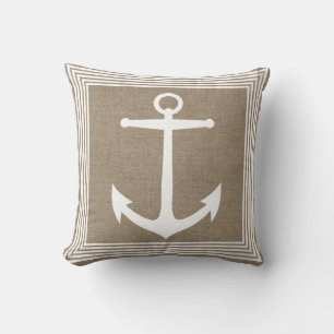 Nautical White Anchor & Faux Burlap Cushion