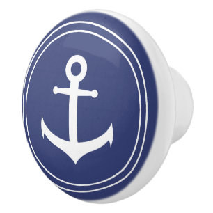 Nautical White Anchor in Dark Blue Circle Ceramic Knob