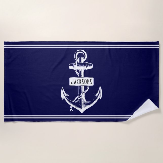 Nautical white anchor, name and lines navy blue beach towel (Front)