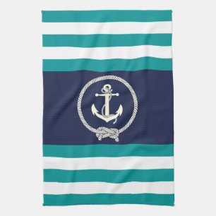 Nautical white anchor/navy knot/aqua/white stripe tea towel