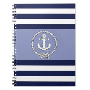 Nautical white anchor/Navy knot/blue/white stripe Notebook