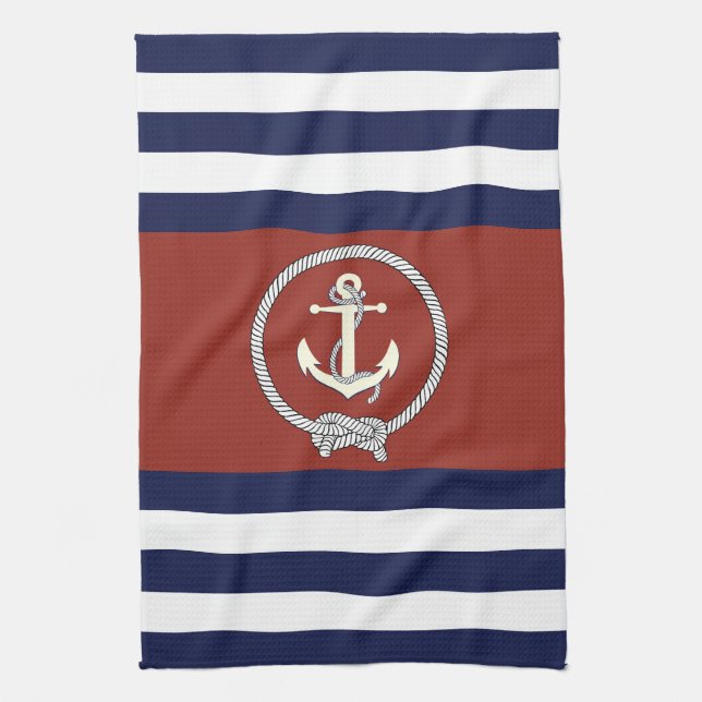 Nautical white anchor/navy knot/blue/white stripe tea towel (Vertical)
