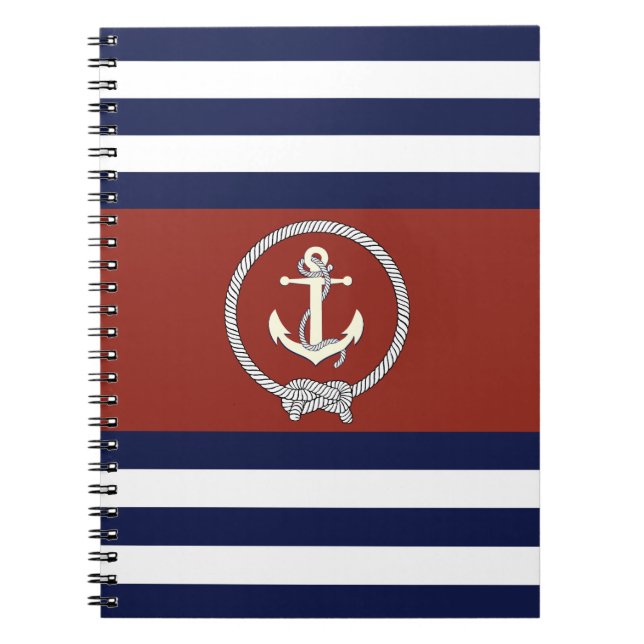 Nautical white anchor/Navy knot/red/white stripe Notebook (Front)