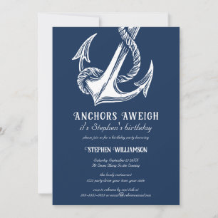 Nautical White Anchor on Navy Birthday Party Invitation