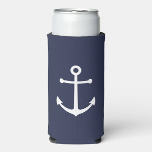 Nautical White Anchor on Navy Blue Can Cooler