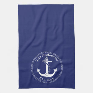 Nautical White Anchor on Navy Blue Family Name Tea Towel