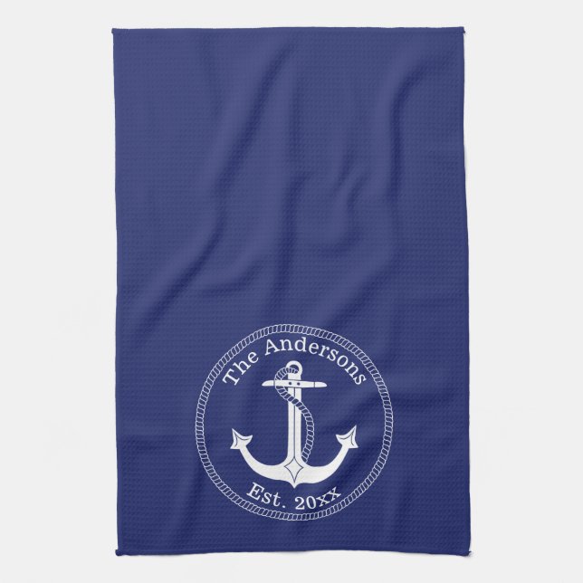 Nautical White Anchor on Navy Blue Family Name Tea Towel (Vertical)