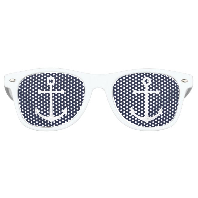 Nautical White Anchor on Navy Blue Retro Sunglasses (Front)