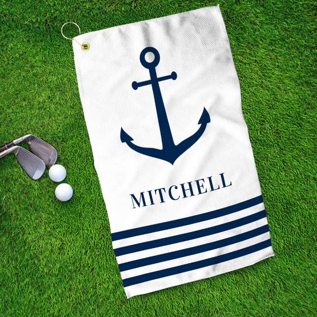 Nautical White Anchor Stripe Monogram Name Golf Towel (Creator Uploaded)
