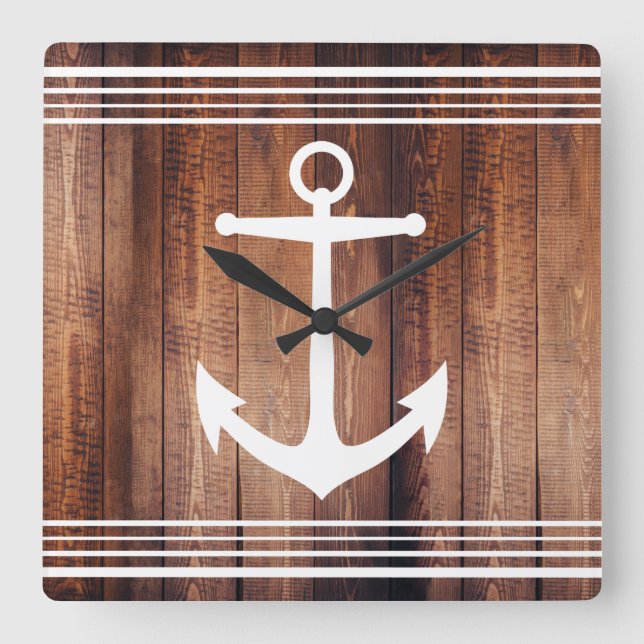 Nautical White Anchor & Stripes Barn Wood Planks Square Wall Clock (Front)