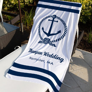 Nautical White Anchor Wedding Monogram Beach Towel