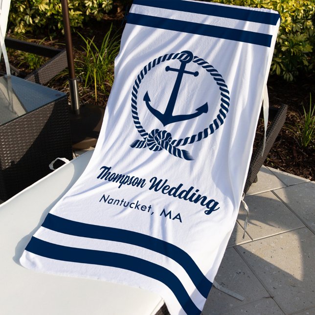 Nautical White Anchor Wedding Monogram Beach Towel (Creator Uploaded)