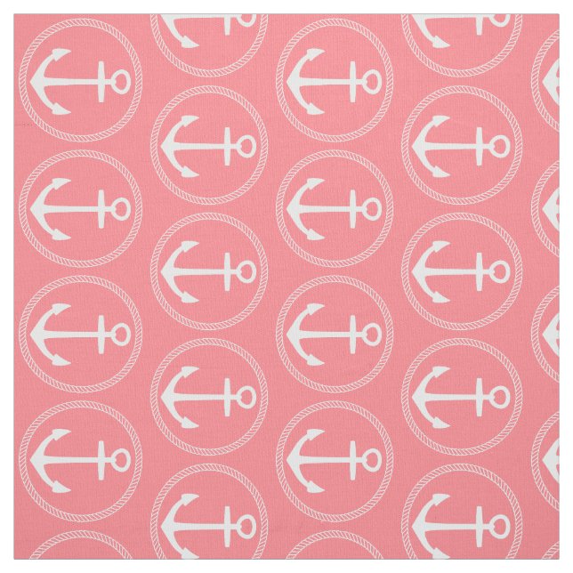 Nautical White Anchors and Rope on Coral Pink Fabric (Swatch)