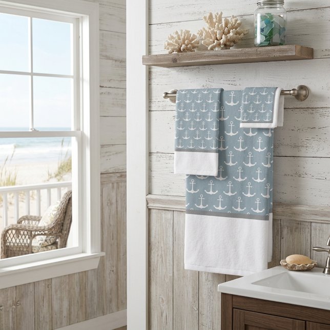Nautical White Anchors Bath Towel Set (Creator Uploaded)