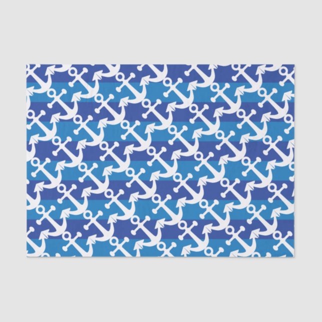 Nautical | White Anchors | Blue Stripes Tissue Paper (Front)