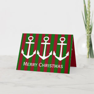 Nautical White Anchors on Red and Green Stripes Holiday Card