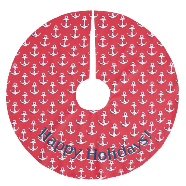 Nautical White Anchors on Red Customisable Message Brushed Polyester Tree Skirt (Front)