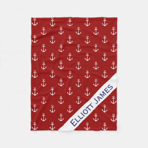 Nautical White Anchors on Red Personalised Fleece Blanket